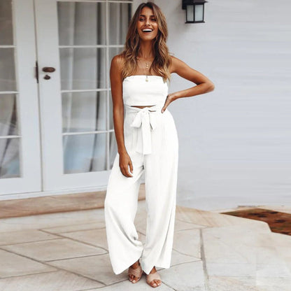 Women's Wide Leg Jumpsuit with Strapless Design and Tie Waist