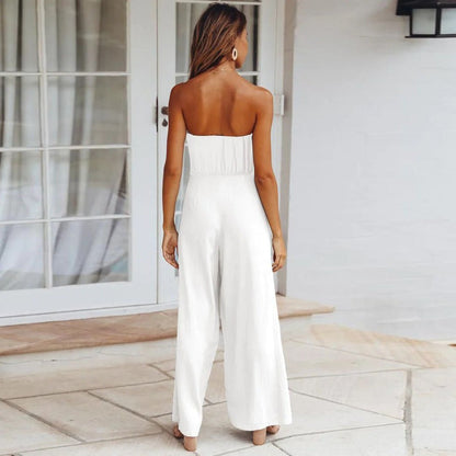 Women's Wide Leg Jumpsuit with Strapless Design and Tie Waist