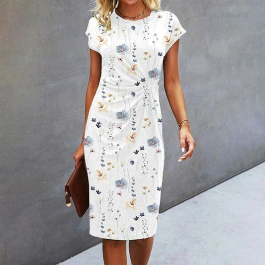 Flattering Ruched Waist Floral Print Midi Dress With Cap Sleeves