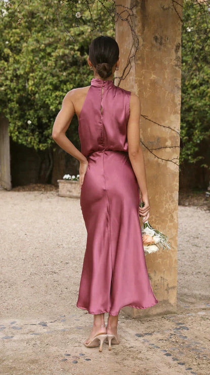 Luxurious Halter Neckline Flowing Floorlength Silky Satin Midi Dress For Weddings