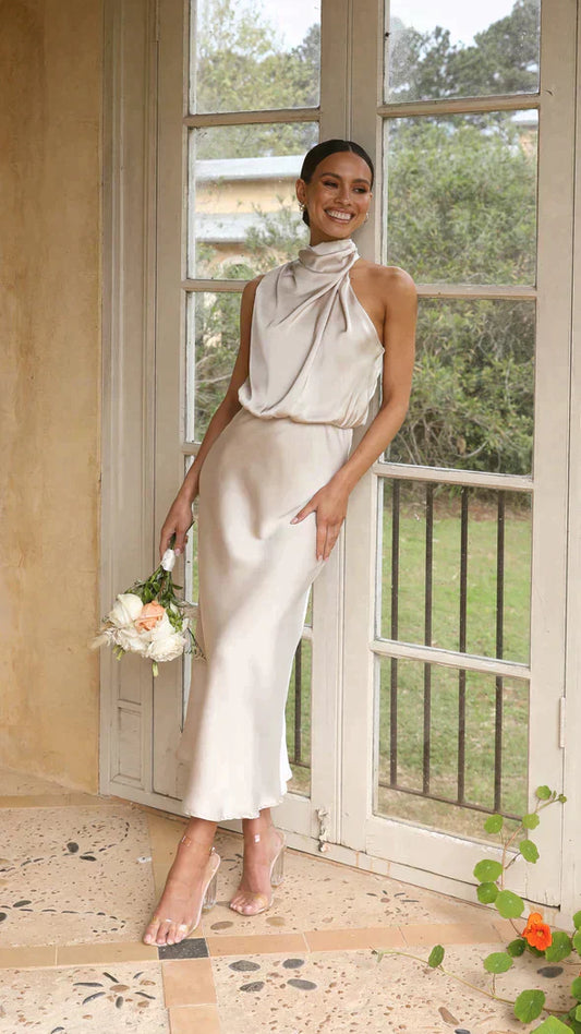 Luxurious Halter Neckline Flowing Floorlength Silky Satin Midi Dress For Weddings