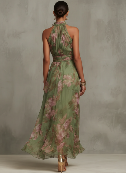 Elegant Halter Neckline With Gathered Detailing Lightweight Chiffon Floral Print Soft Romantic Muted Tones Maxi Dress