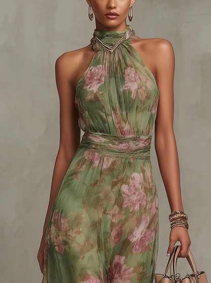 Elegant Halter Neckline With Gathered Detailing Lightweight Chiffon Floral Print Soft Romantic Muted Tones Maxi Dress