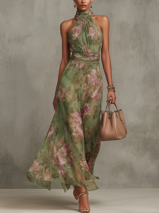Elegant Halter Neckline With Gathered Detailing Lightweight Chiffon Floral Print Soft Romantic Muted Tones Maxi Dress