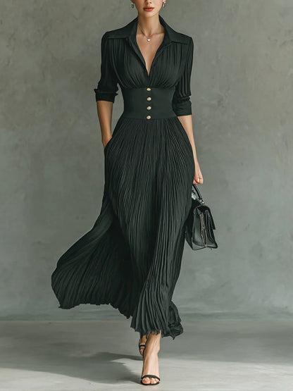 Luxurious Timeless Pleated Lapel Textured Weave Crepe Fabric Belted Waist Maxi Dress