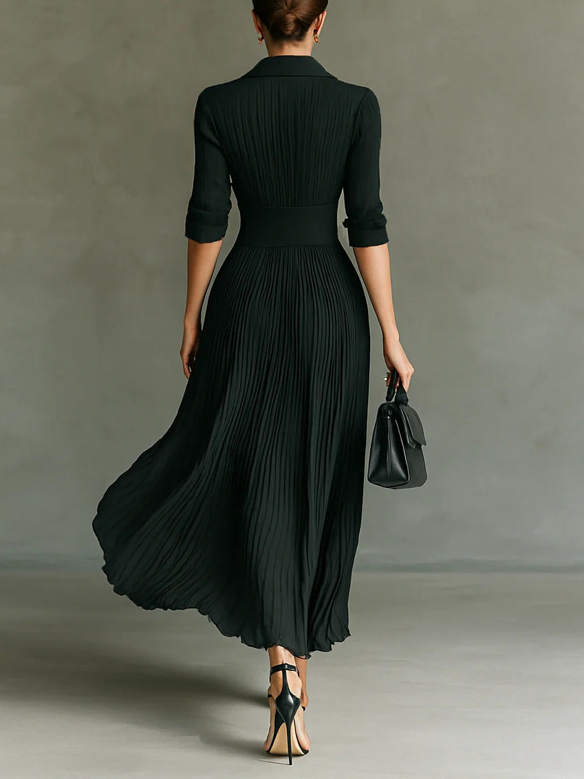 Women's Pleated Lapel Waist Maxi Dress with Flowing Design and Versatile Style