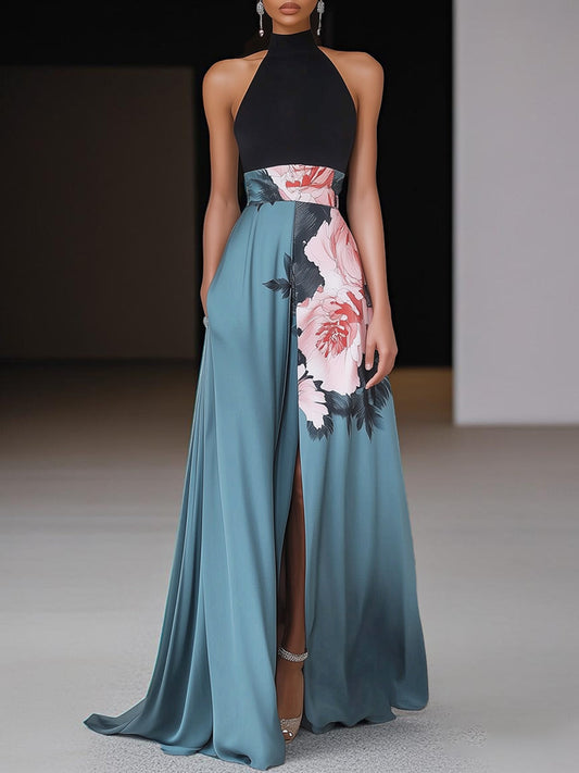 Elegant Black Floral Print Sleeveless A Line Maxi Dress