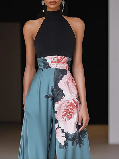 Women's A-Line Maxi Dress with Crew Neck and Sleeveless Design