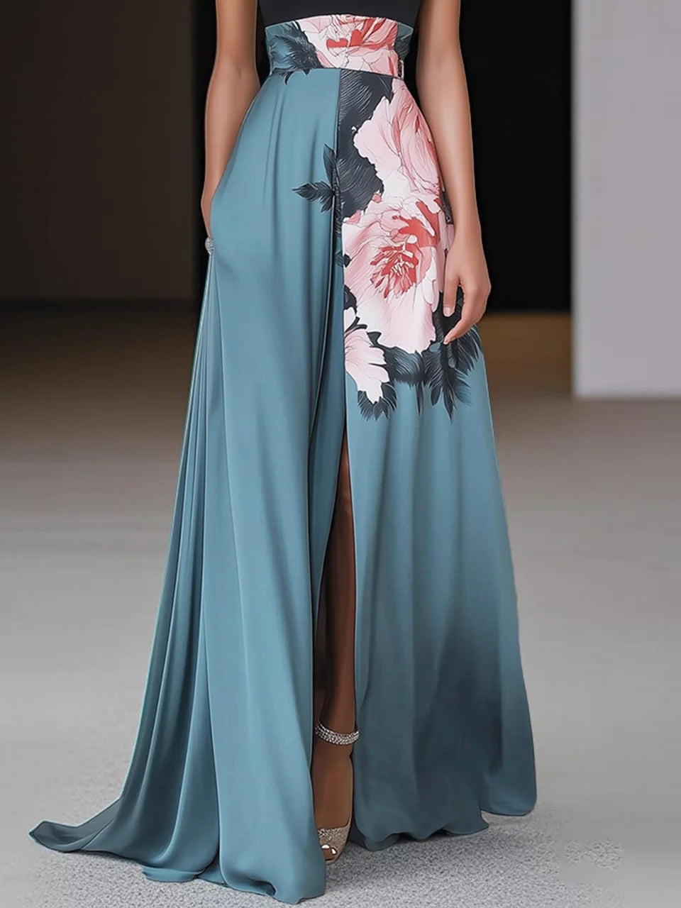 Elegant Black Floral Print Sleeveless A Line Maxi Dress