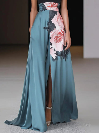 Elegant Black Floral Print Sleeveless A Line Maxi Dress