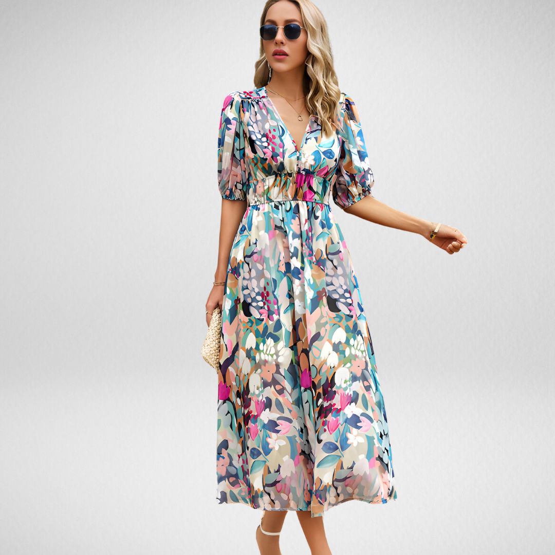 Women's V Neck Flowy Dress with Adjustable Straps and Lightweight Fabric
