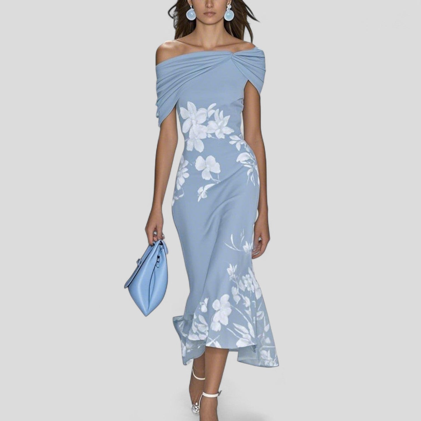 Women's Off-Shoulder Midi Dress with Ruffle Hem and Floral Print