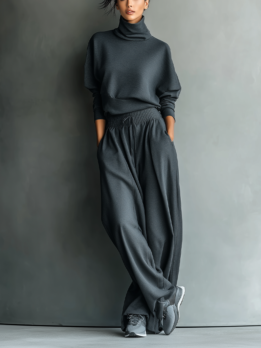 Luxurious Oversized Turtleneck Knitwear Fabric Charcoal Palazzo Wide-Leg Pants Set