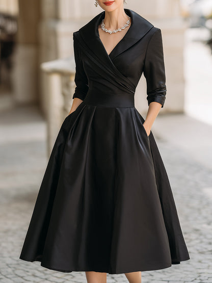 Vintage Inspired Draped Shawl Collar Black Satin Elegantly Fitted Bodice Midi Dress