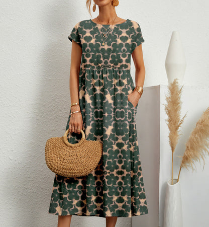 Women's Floral Dress with A-Line Silhouette and Short Sleeves