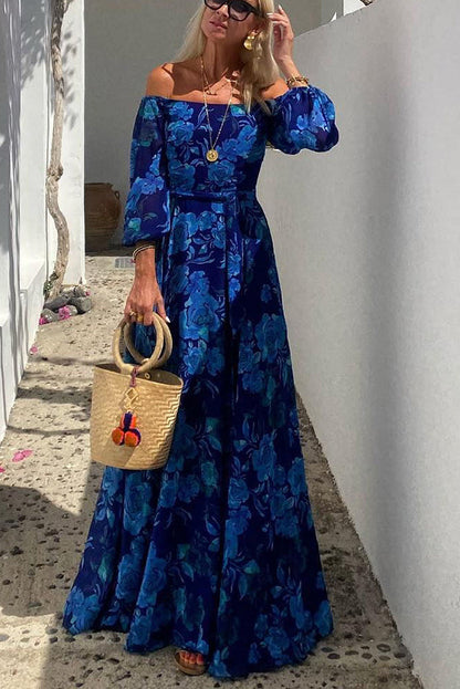 Romantic Off-Shoulder Floral Print Flowy Maxi Dress for Summer Evenings