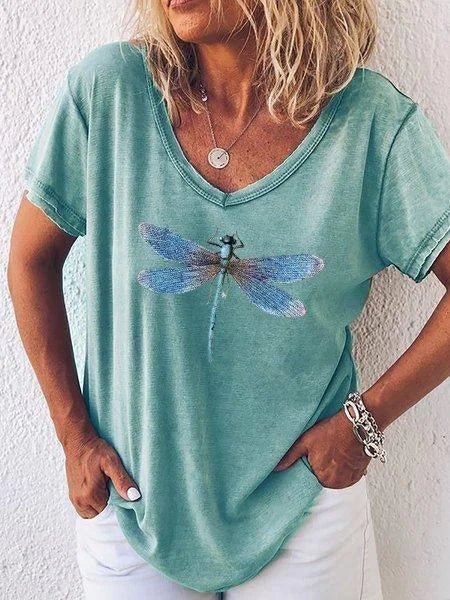 Women's Casual V-Neck Tee with Dragonfly Print and Short Sleeves