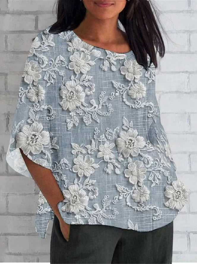 Women's Vintage Floral Blouse with Relaxed Fit and Lightweight Fabric