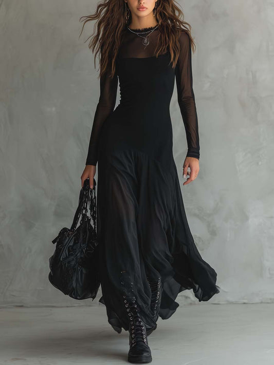 Enchanting Vintage Inspired Featherweight Fabric Delicate Sheer Sleeves Maxi Dress