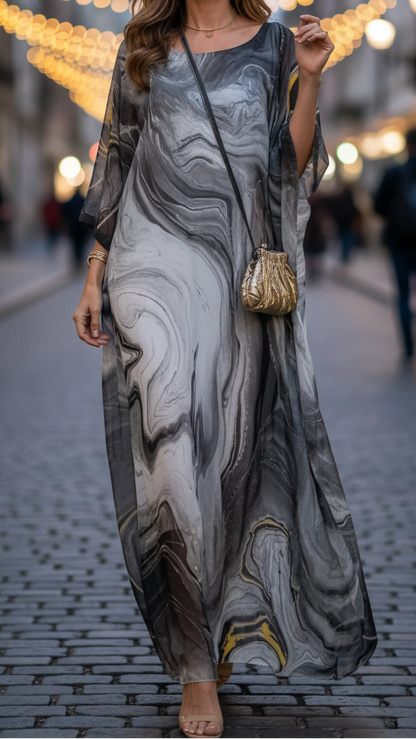 Women’s Golden Chiffon Kaftan Maxi Dress – Elegant Batwing Sleeve Evening Wear Dress