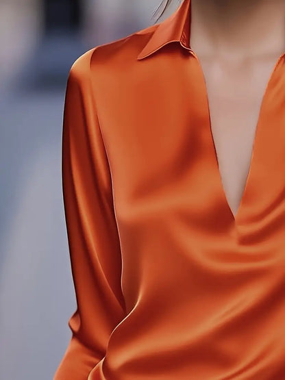 Women's V-Neck Blouse with Satin Finish and Elegant Design
