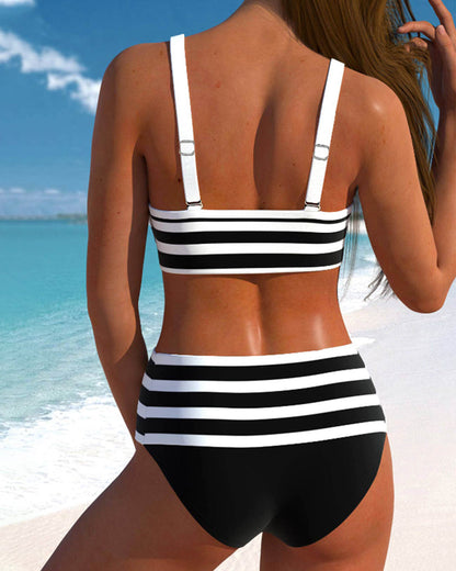 Women's Striped Bikini Set with High Waist and Adjustable Straps