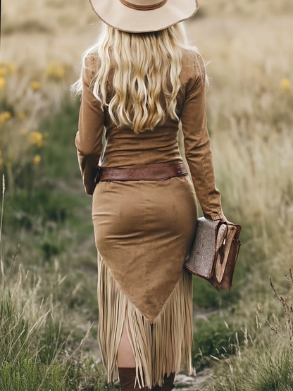 Luxurious Suede Western Lapel Zipper Tassel Belt Midi Dress