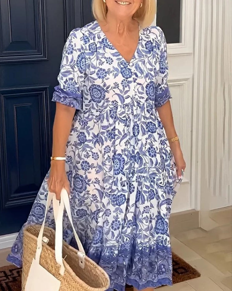 Women's Floral Dress with V-Neck and A-Line Skirt