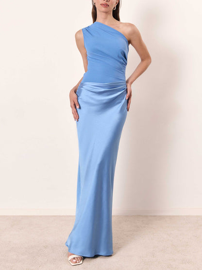 Exquisite One Shoulder Pleated Georgette Velvet Showstopper Silhouette Maxi Dress