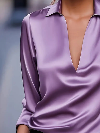 Women's V-Neck Blouse with Satin Finish and Elegant Design
