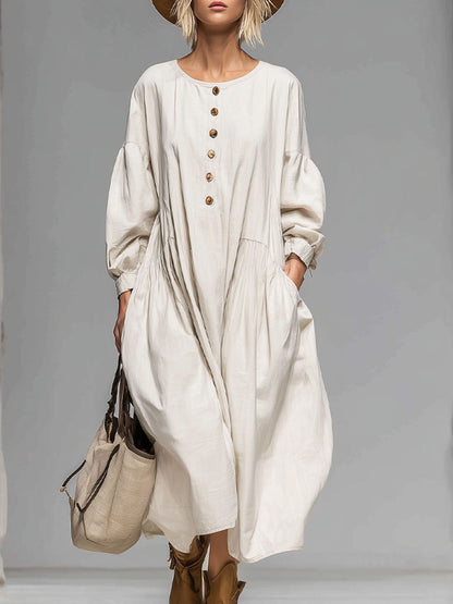 Women’s Cotton Midi Dress – Luxurious Button Front with Spacious Pockets All-Day Comfort Dress
