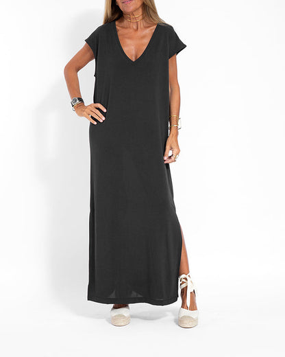 Couture-Inspired V-Neck Side-Slit Ultra-Soft Jersey Season-Long Coral Maxi Dress