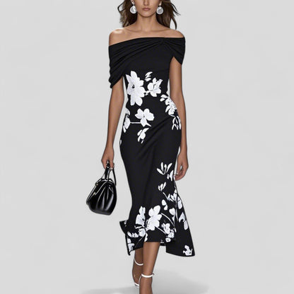 Women's Off-Shoulder Midi Dress with Ruffle Hem and Floral Print