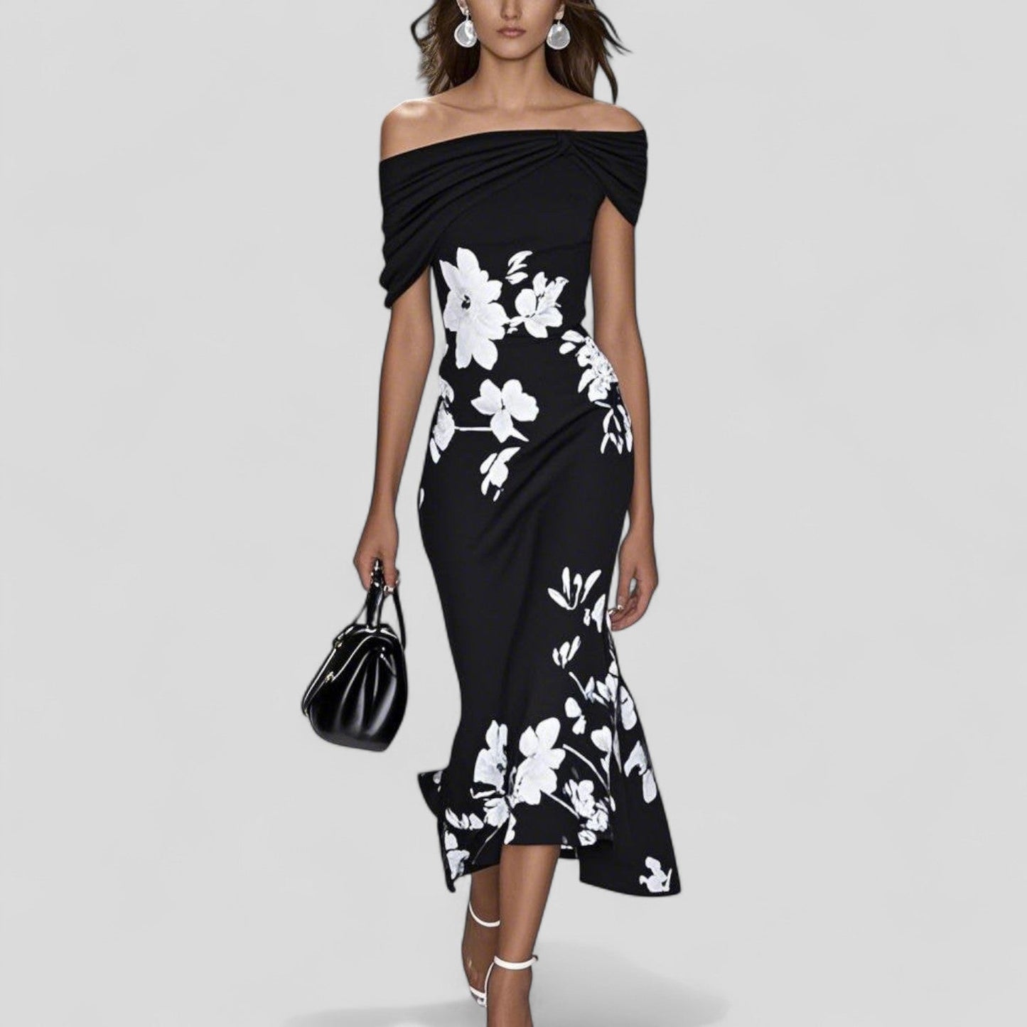 Luxurious Sophisticated Sage Botanical Print Off-Shoulder Ruffle-Edge Hem Midi Dress