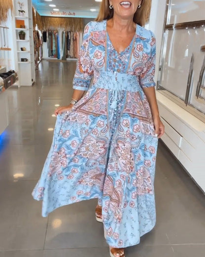 Women’s Boho Chic Paisley Maxi Dress – V-Neck Lightweight Cotton Blend Three-Quarter Sleeve Dress