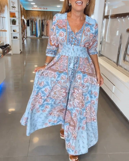 Women’s Boho Chic Paisley Maxi Dress – V-Neck Lightweight Cotton Blend Three-Quarter Sleeve Dress