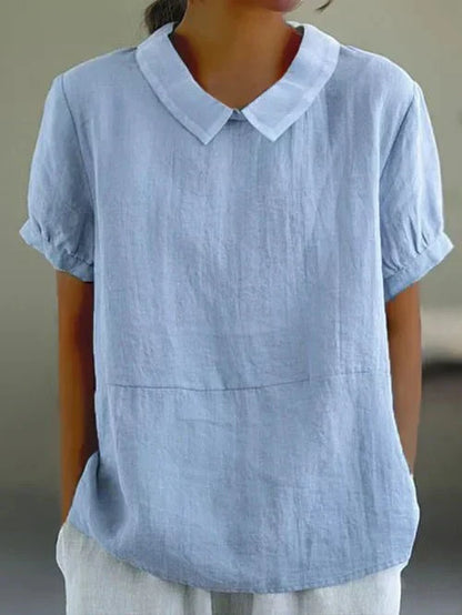 Women's Short Sleeve Casual Top with Peter Pan Collar and Versatile Style