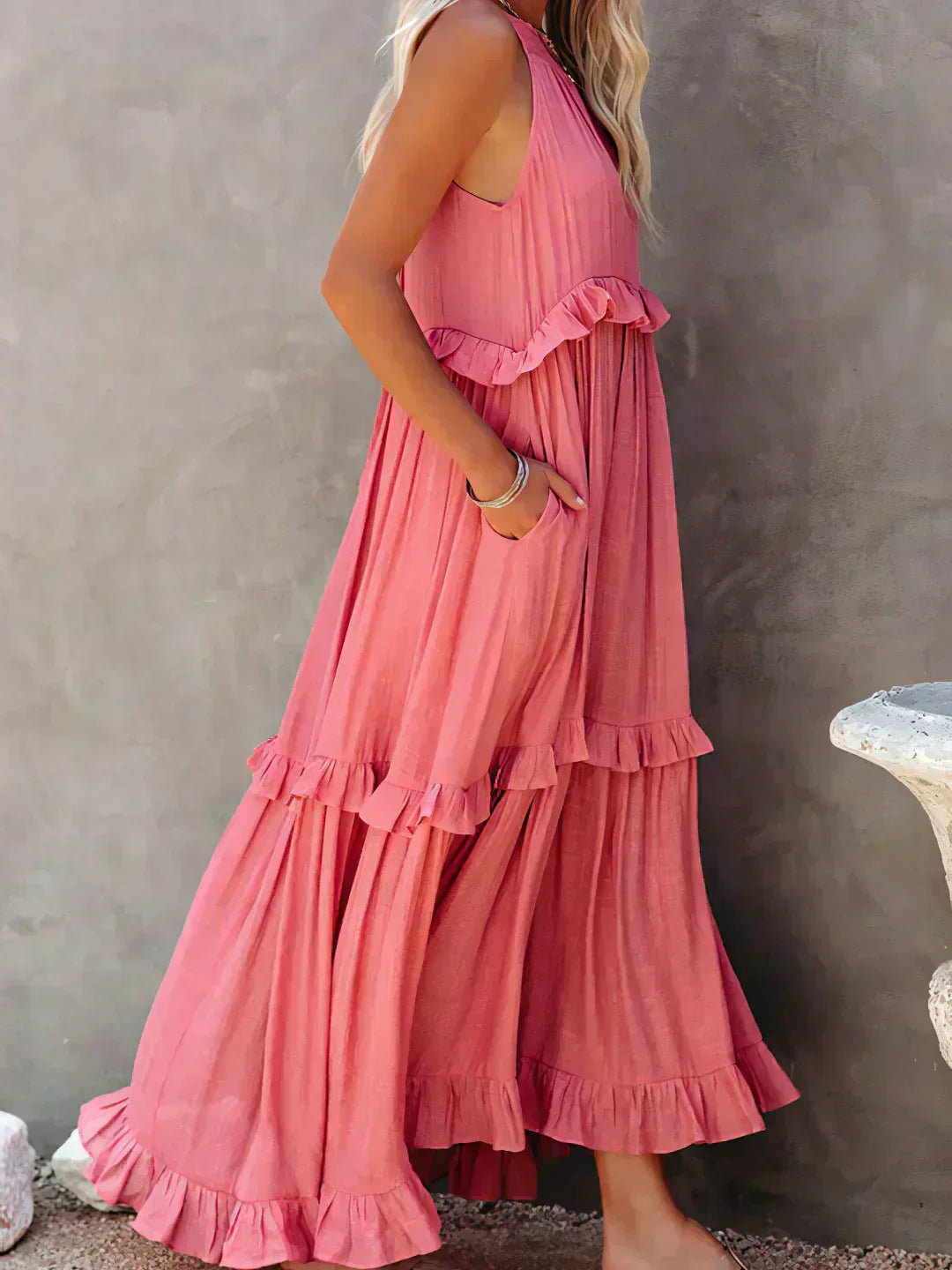 Women's Sleeveless Dress with Ruffles and Flowy Design