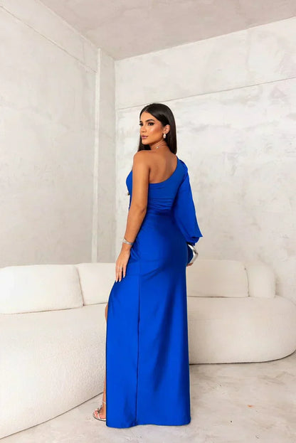 Elegant One Shoulder Flowing Sheer Sleeves Relaxed Fit Women's Maxi Evening Dress