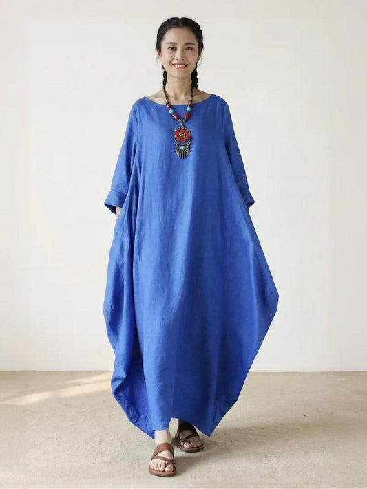 Effortless Boho Oversized Batwing Maxi Couture Cotton Linen Blend Floor Length Dress