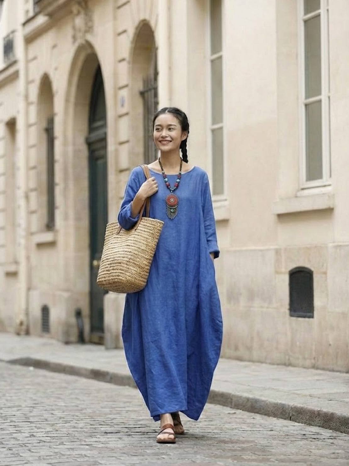 Women's Boho Maxi Dress with 3/4 Sleeves and Flowing Design