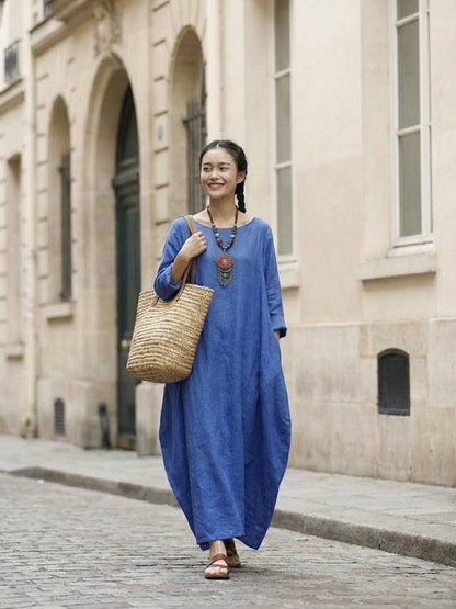 Effortless Boho Oversized Batwing Maxi Couture Cotton Linen Blend Floor Length Dress