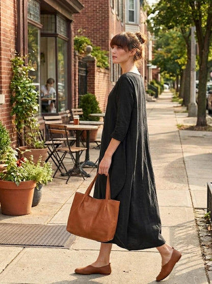 Effortless Boho Oversized Batwing Maxi Couture Cotton Linen Blend Floor Length Dress
