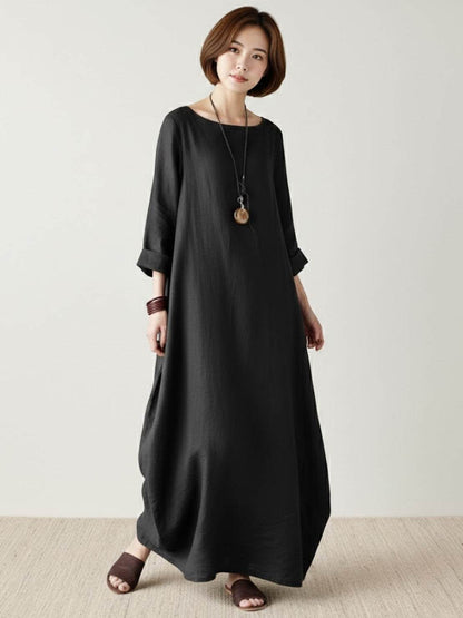 Effortless Boho Oversized Batwing Maxi Couture Cotton Linen Blend Floor Length Dress