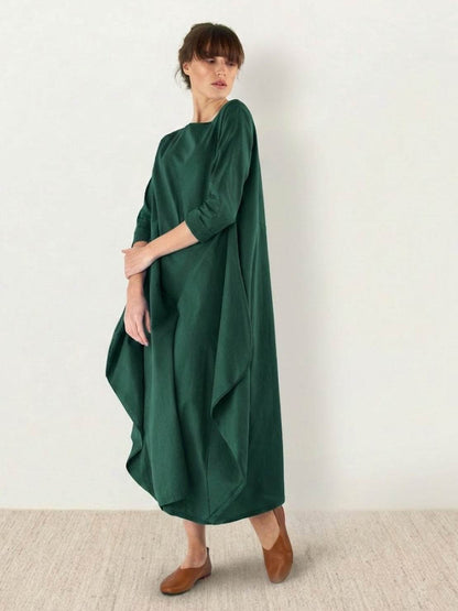 Effortless Boho Oversized Batwing Maxi Couture Cotton Linen Blend Floor Length Dress