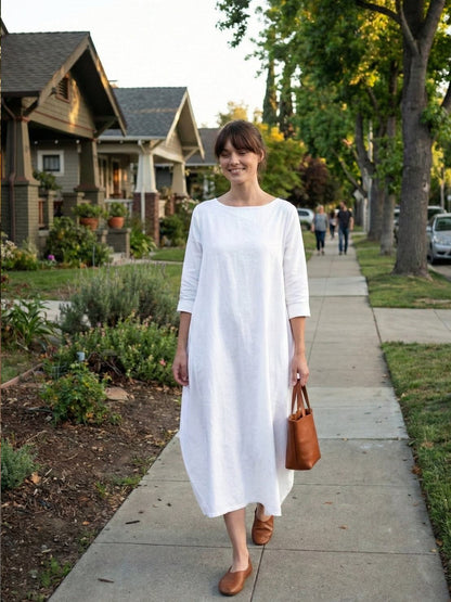 Effortless Boho Oversized Batwing Maxi Couture Cotton Linen Blend Floor Length Dress