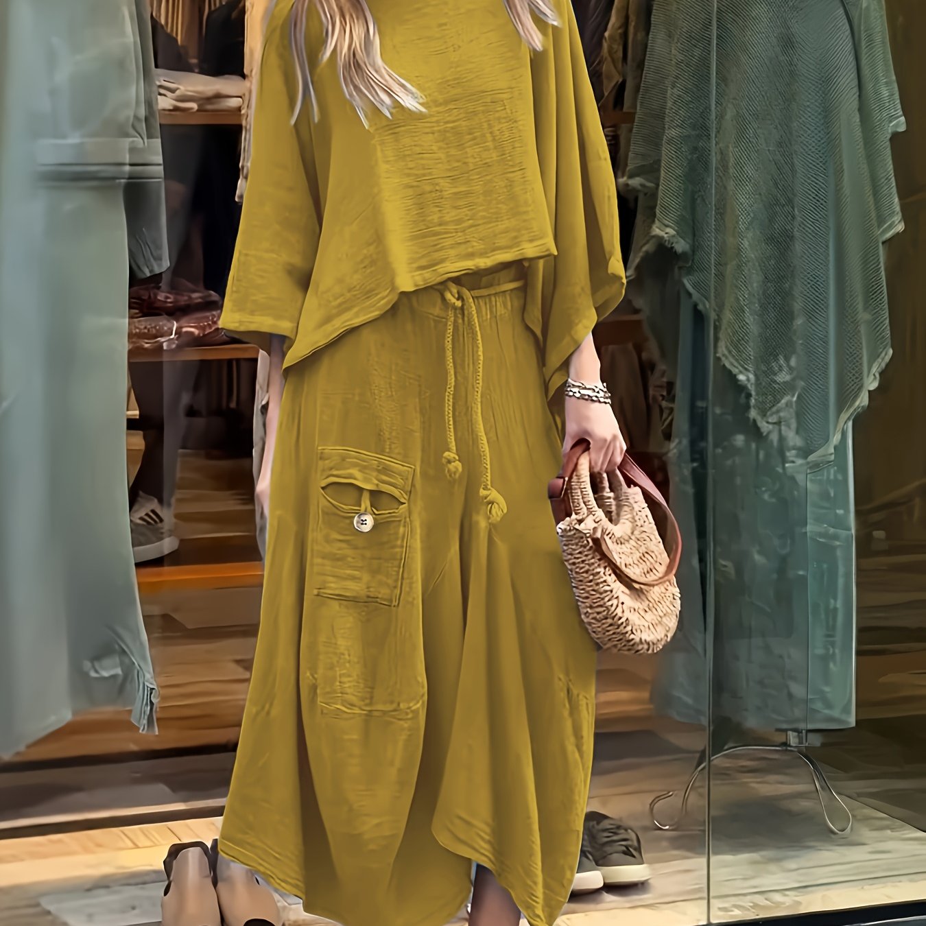 Premium Fashion Solid Color Top and Skirt Set – Casual Round Neck Two-Piece Outfit