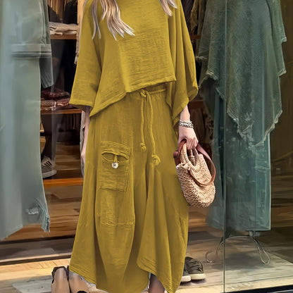 Premium Fashion Solid Color Top and Skirt Set – Casual Round Neck Two-Piece Outfit