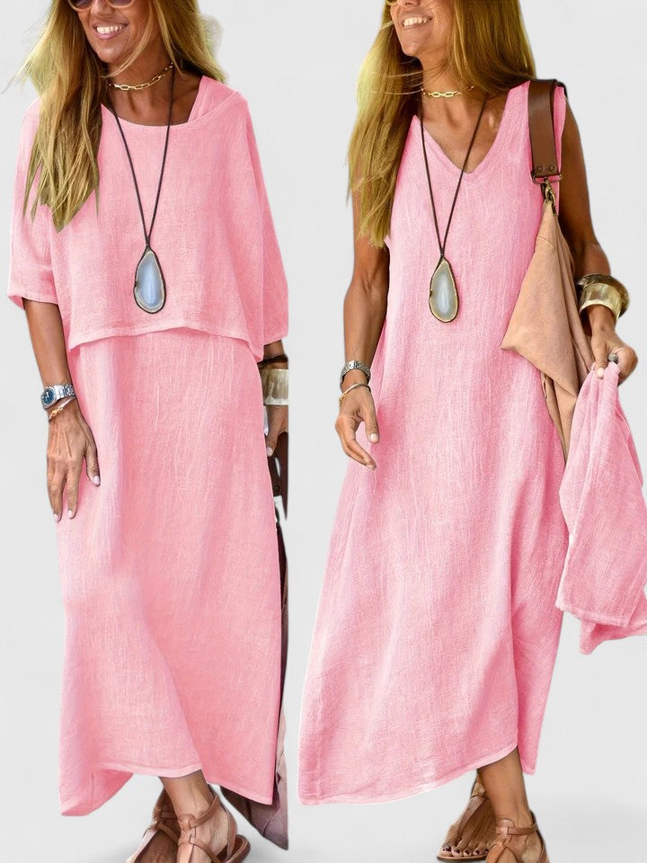 Women's Relaxed Linen Two-Piece Set: Layered Short-Sleeve Top and Sleeveless V-Neck Maxi Dress in Oatmeal Tone