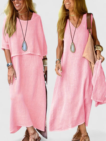 Women's Relaxed Linen Two-Piece Set: Layered Short-Sleeve Top and Sleeveless V-Neck Maxi Dress in Oatmeal Tone